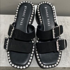 Gianni Bini Black Leather Rhinestone Buckle Sandals